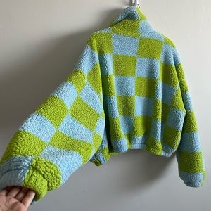 UO Urban Outfitters Olivia Blue Green Checker Oversized Zip Sherpa Fleece (med)